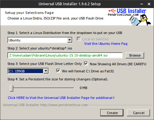 cant create persistent file with universal usb installer